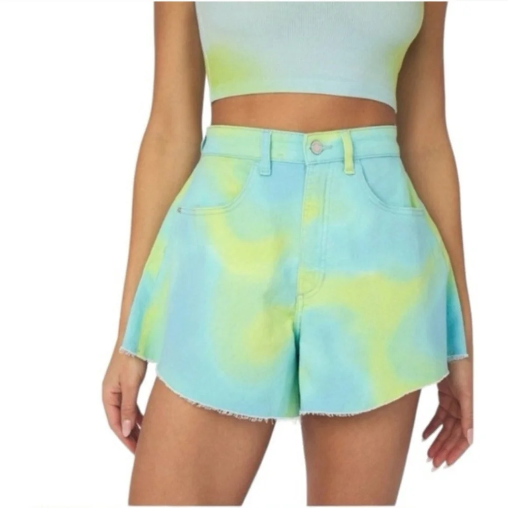 WEWOREWHAT  Blue & Green Tie Dye Women's Cut Off Denim Shorts Size 27/28